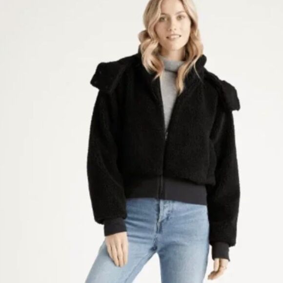 Quince Women's Sherpa Jacket in Black sz XS Removable Hood Full Zip NWT - Picture 1 of 10